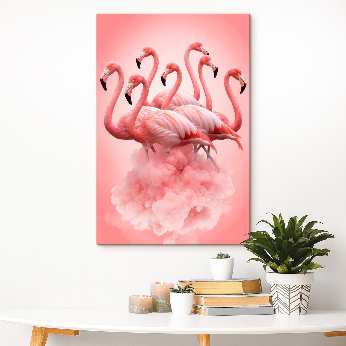 Een compositie van sierlijke flamingo’s boven een roze wolk in pastelkleuren — interieur 3