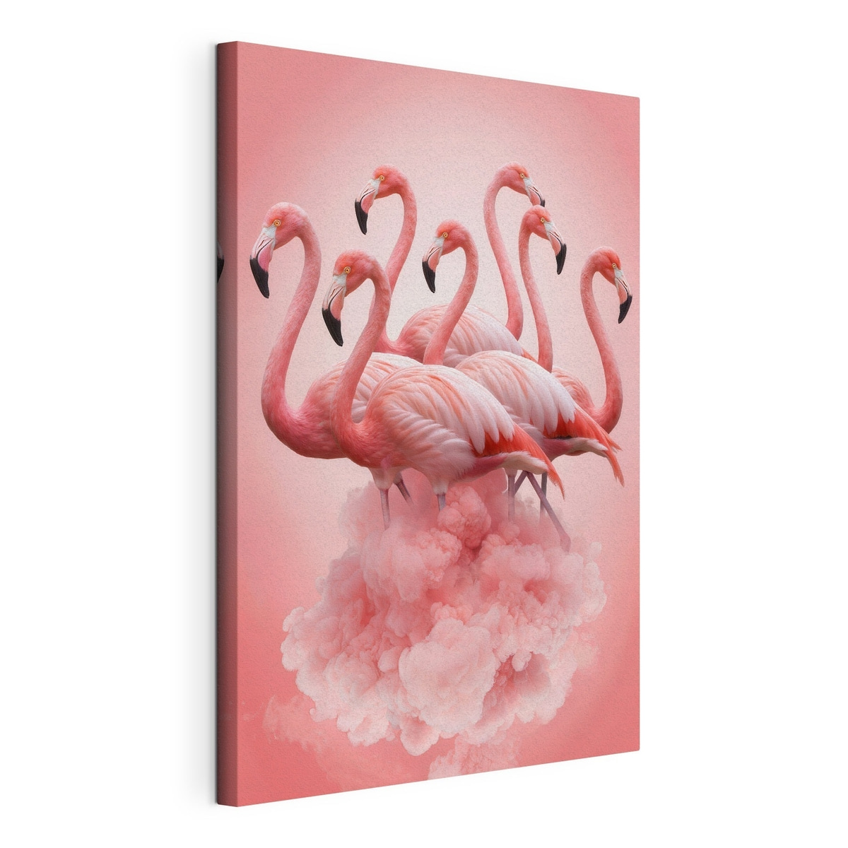 Een compositie van sierlijke flamingo’s boven een roze wolk in pastelkleuren, gespannen canvas met doorlopende rand