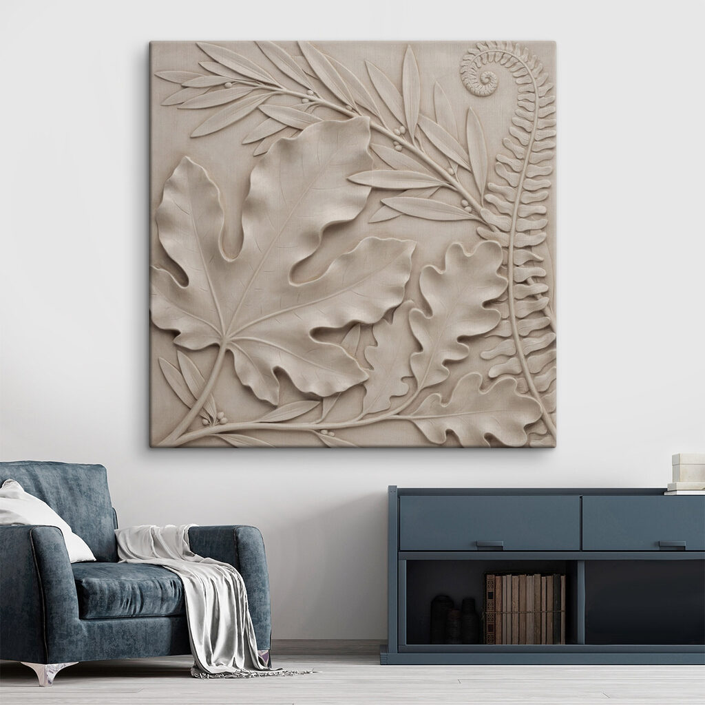 Monstera in zandkleurig reliëf — interieur 1