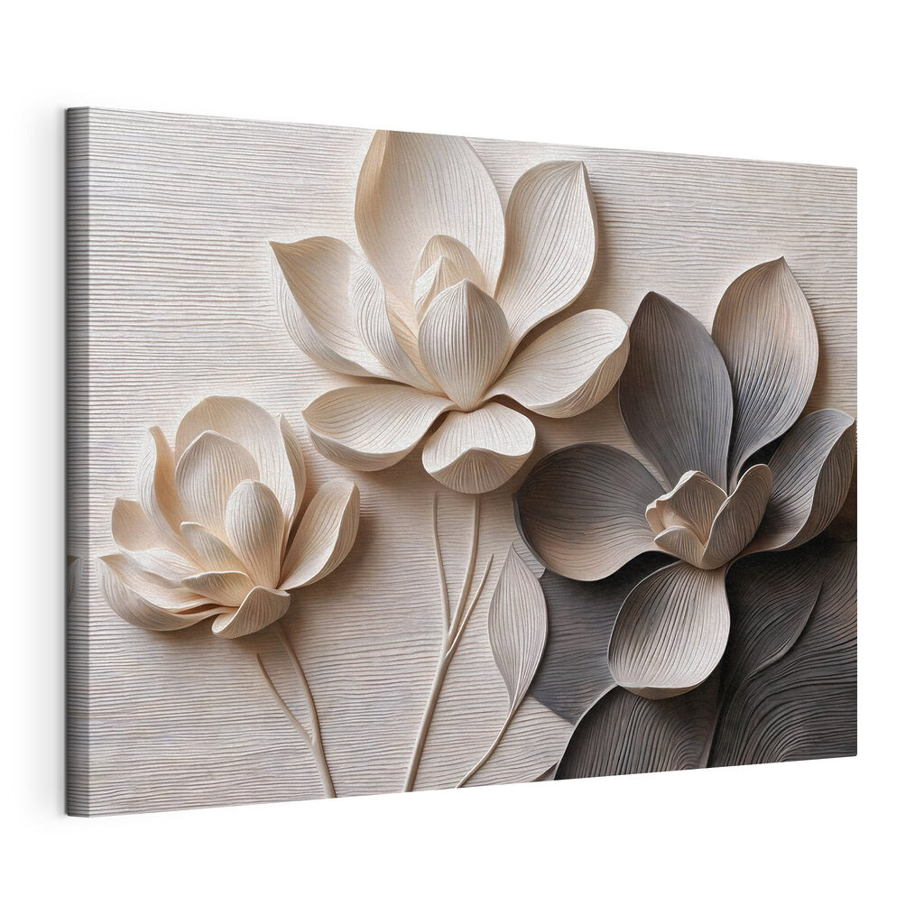Drie bloemen in zwartwit, gespannen canvas met doorlopende rand