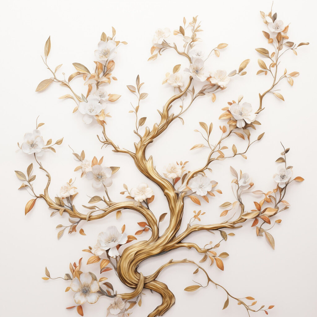 Bloesemboom met gouden stam — volledig ontwerp