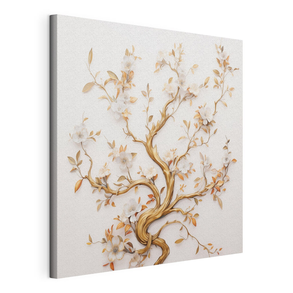 Bloesemboom met gouden stam, gespannen canvas met doorlopende rand