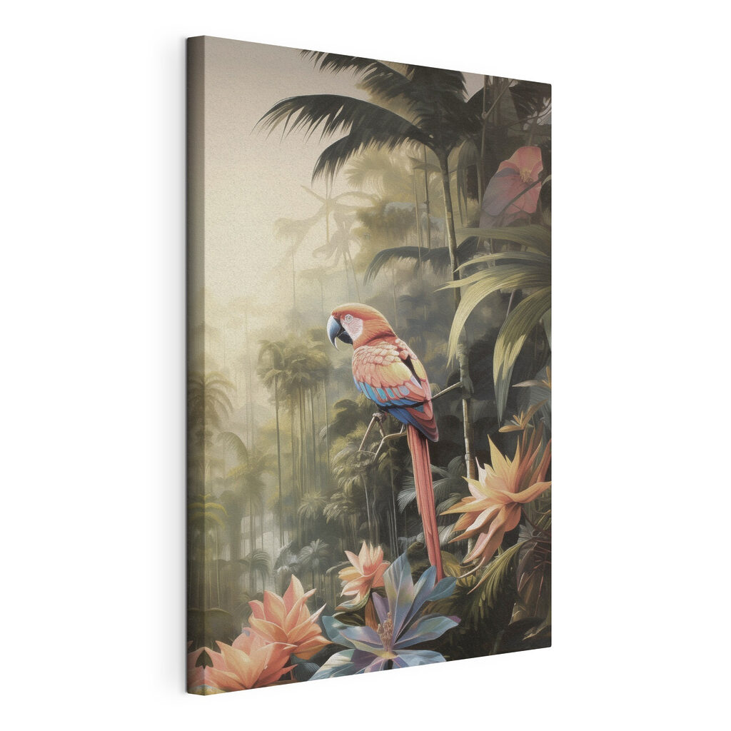 Kleurrijke vogel die op een tak in het bos zit, gespannen canvas met doorlopende rand