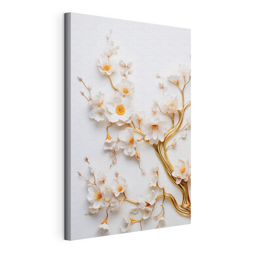 Boom met witte bloemen, gespannen canvas met doorlopende rand