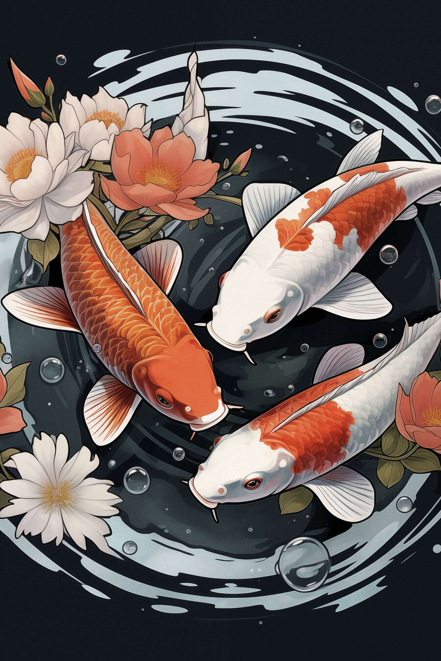 Een groep vissen die in het water zwemt, met bloemen erbij — volledig ontwerp