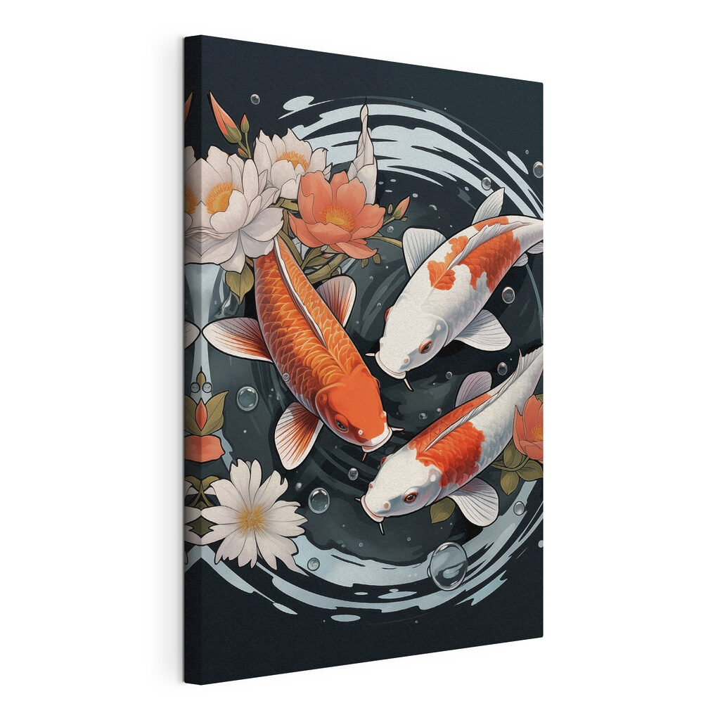 Een groep vissen die in het water zwemt, met bloemen erbij, gespannen canvas met doorlopende rand