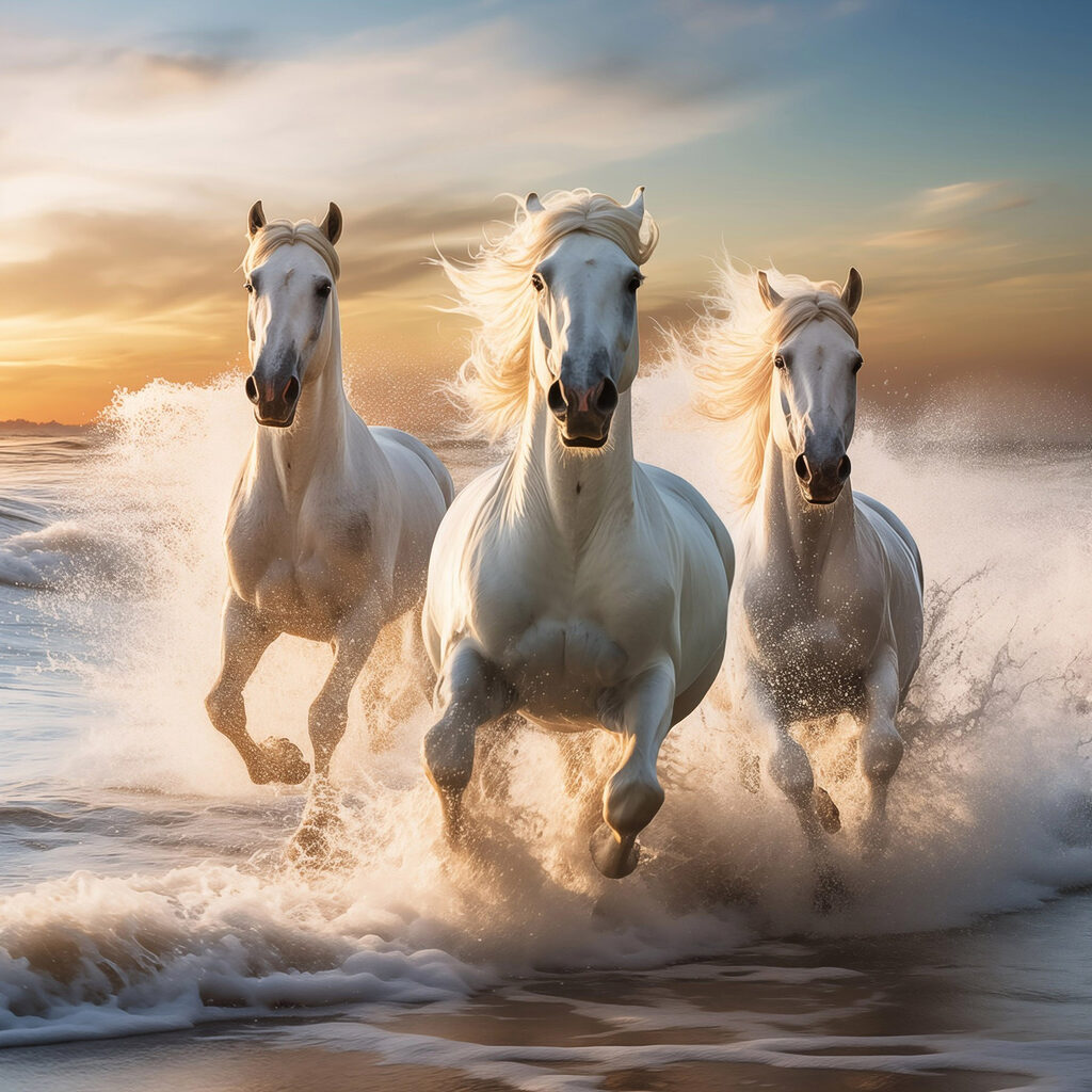 Een groep witte paarden die over het strand rennen — volledig ontwerp