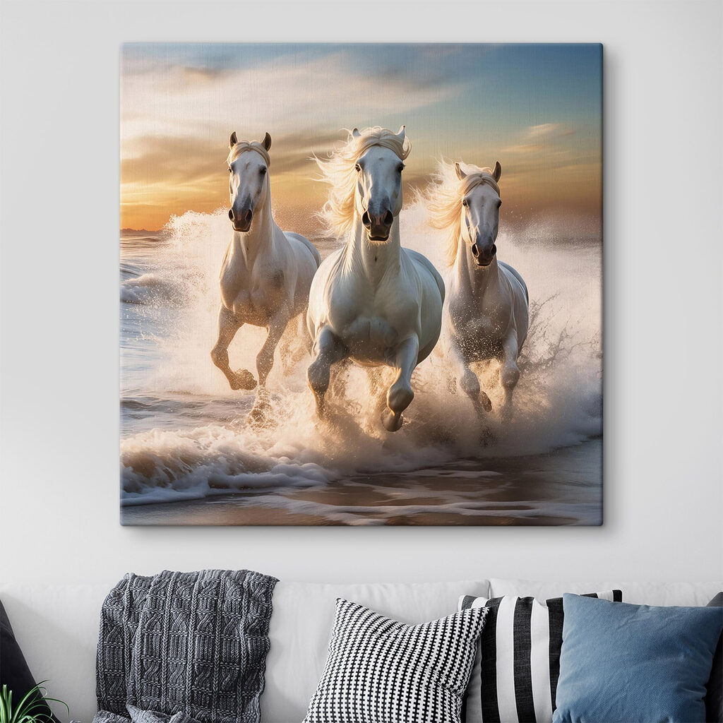 Een groep witte paarden die over het strand rennen — interieur 1