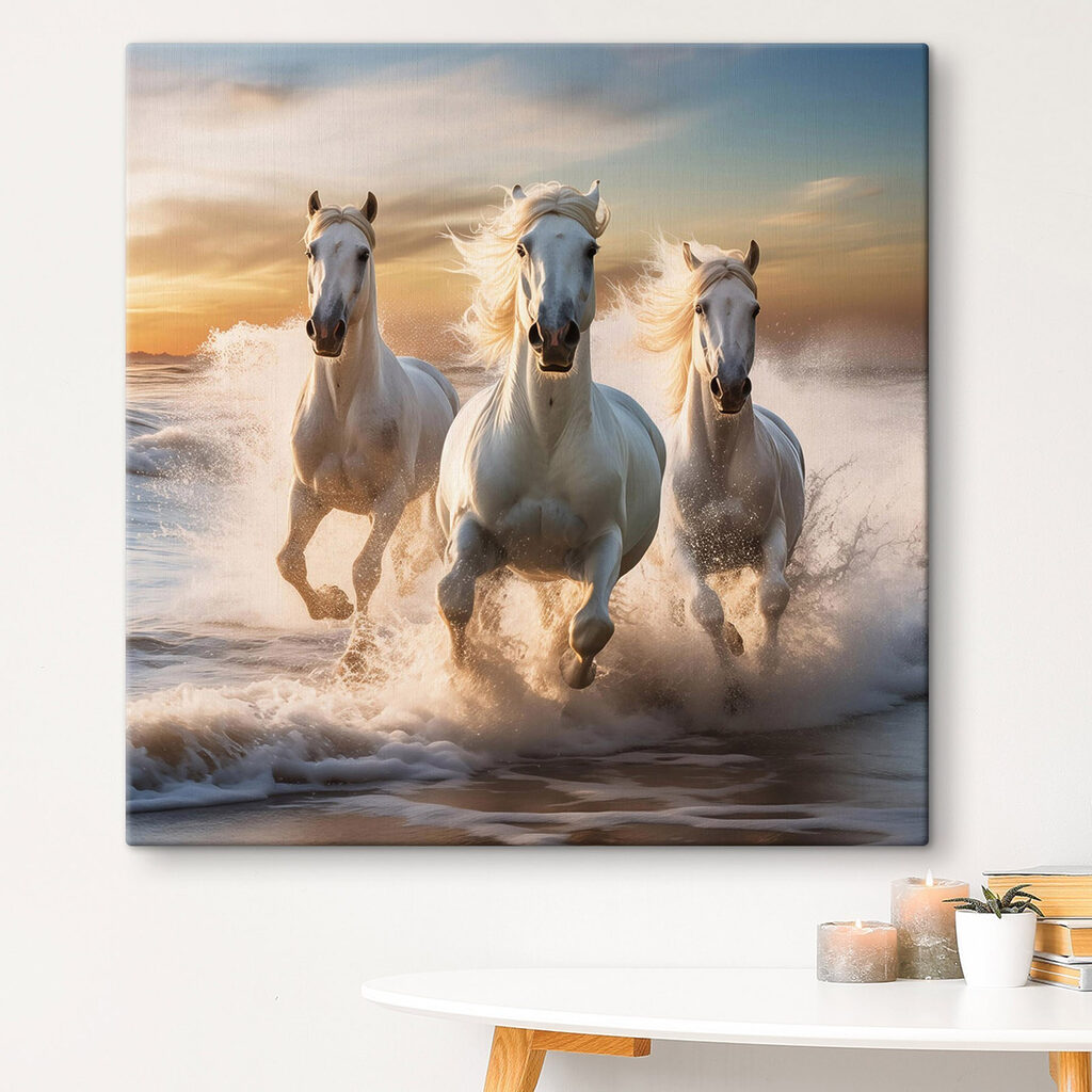 Een groep witte paarden die over het strand rennen — interieur 2