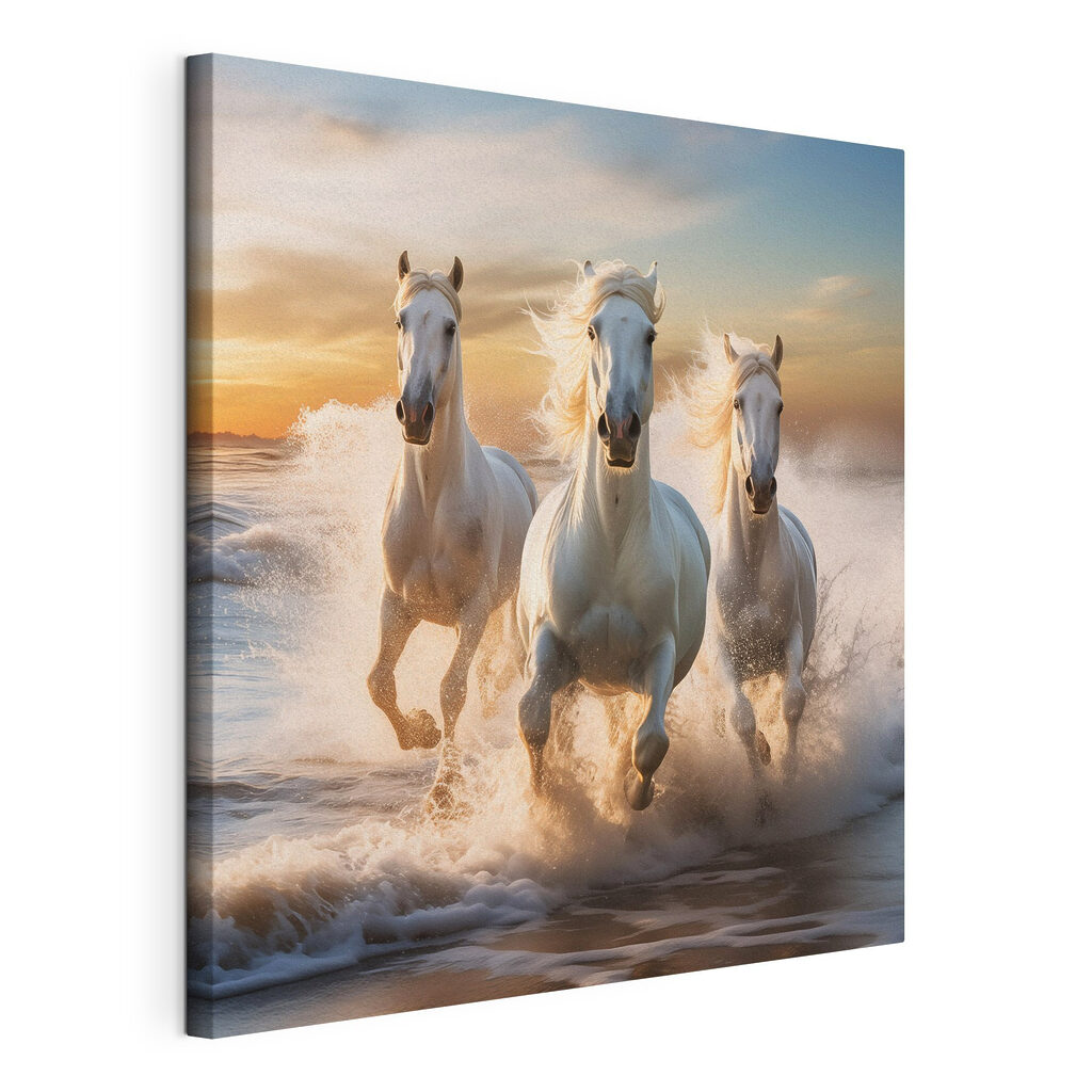 Een groep witte paarden die over het strand rennen — productweergave
