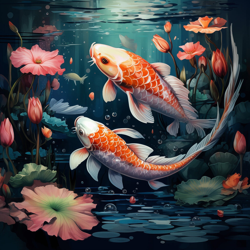 Een paar vissen die in het water zwemmen, met bloemen erbij — volledig ontwerp