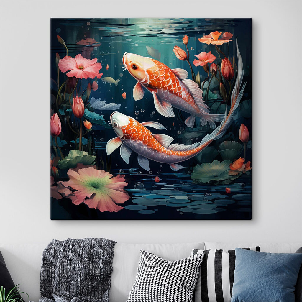 Een paar vissen die in het water zwemmen, met bloemen erbij — interieur 2