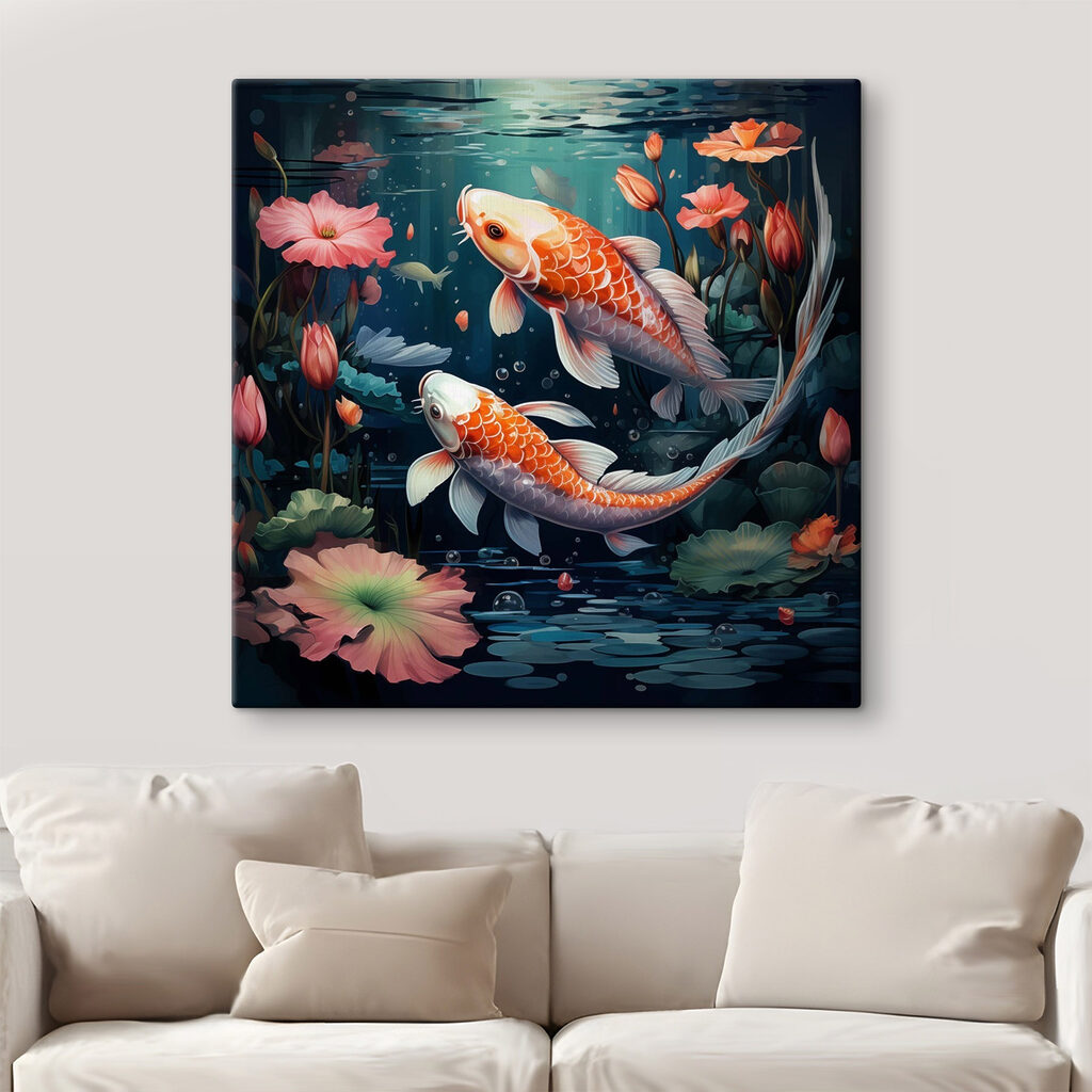 Een paar vissen die in het water zwemmen, met bloemen erbij in een interieur