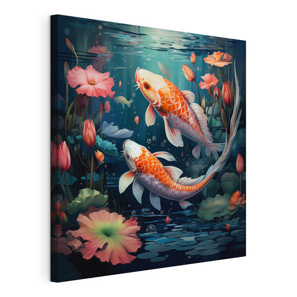 Een paar vissen die in het water zwemmen, met bloemen erbij — productweergave