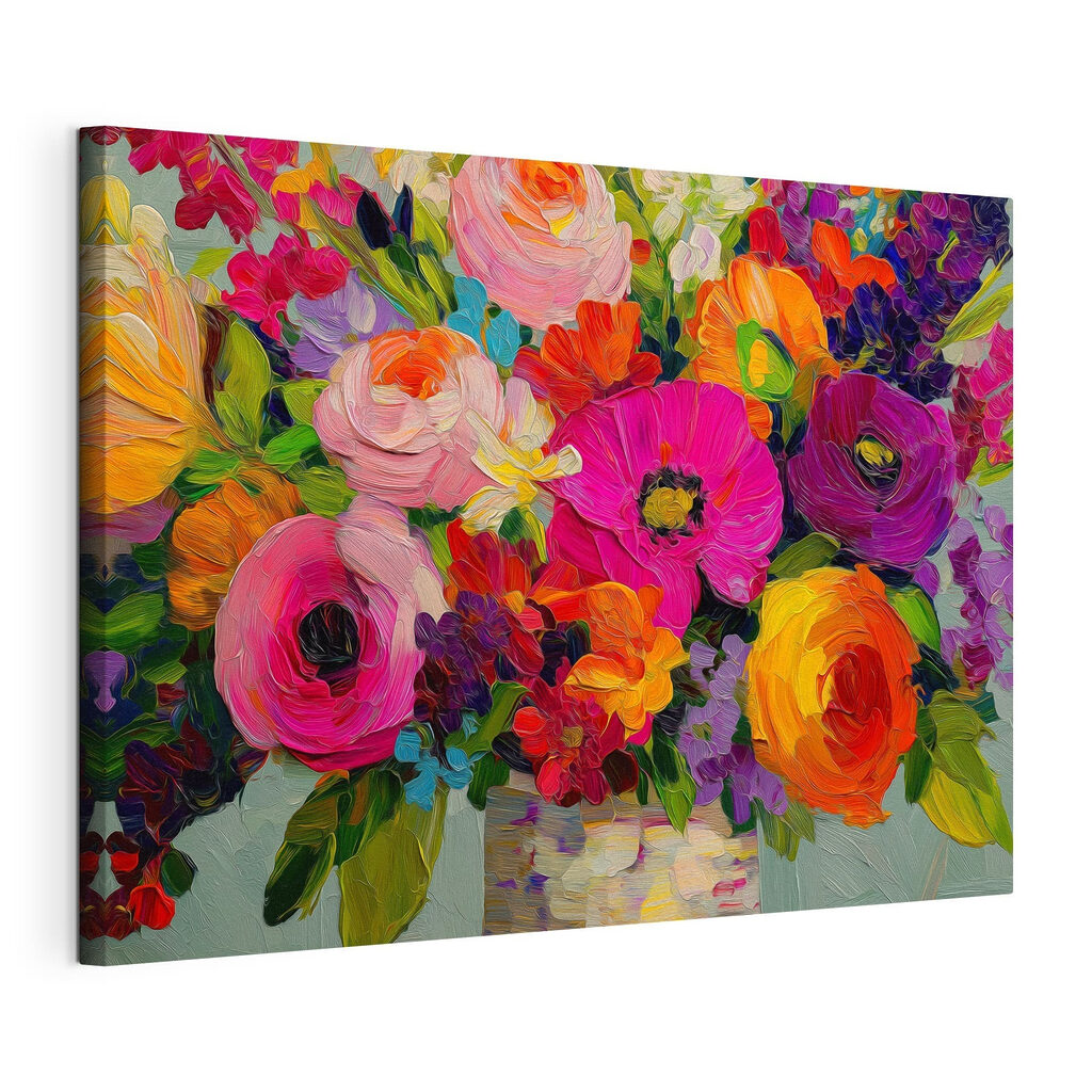 Een levendig boeket dat barst van de kleuren, gespannen canvas met doorlopende rand