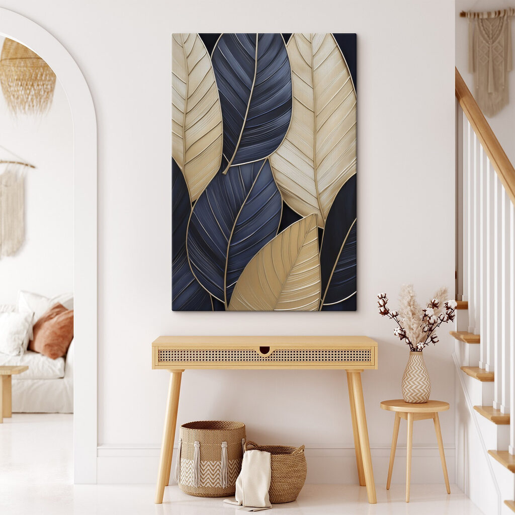Donkerblauwe bladeren met goudnerven — interieur 2