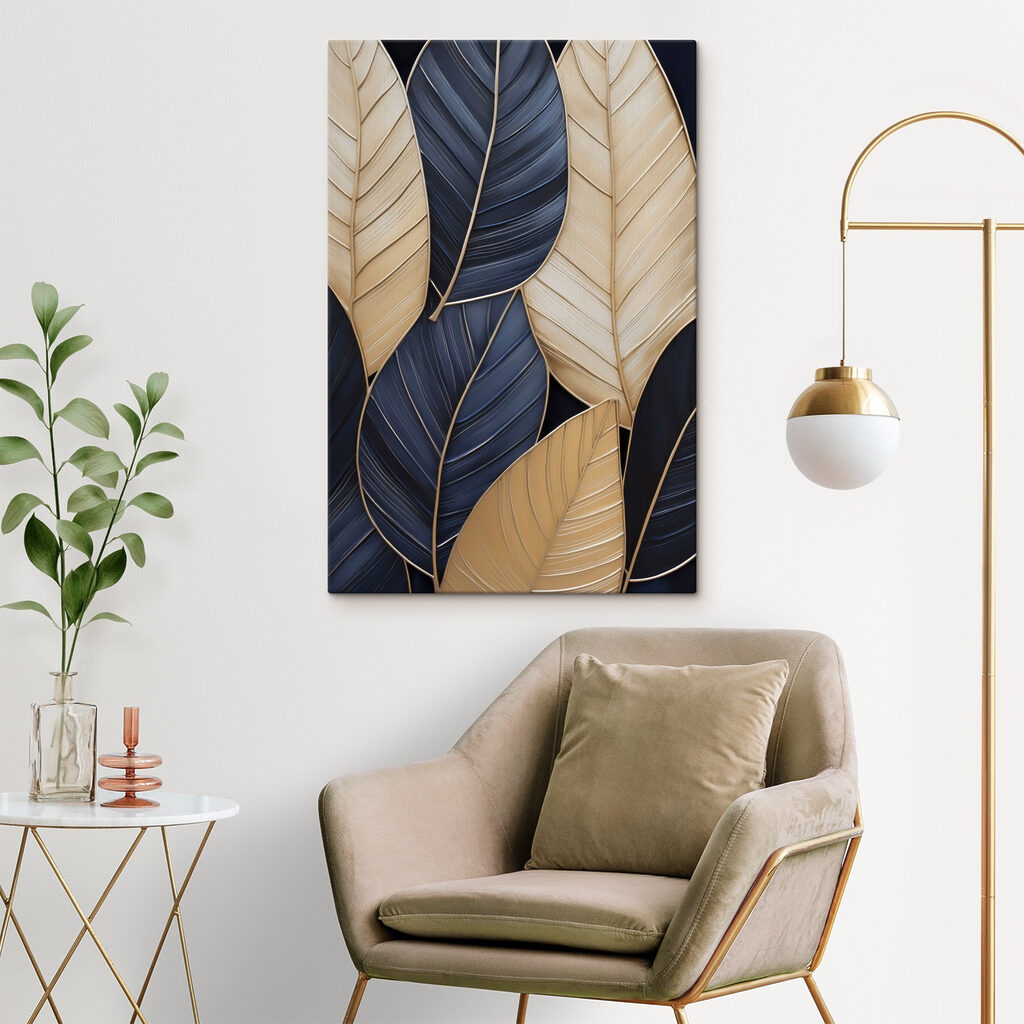 Donkerblauwe bladeren met goudnerven — interieur 1