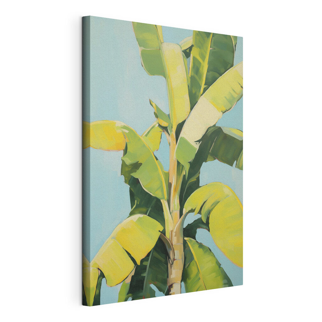 Groene bladen tussen geel, gespannen canvas met doorlopende rand