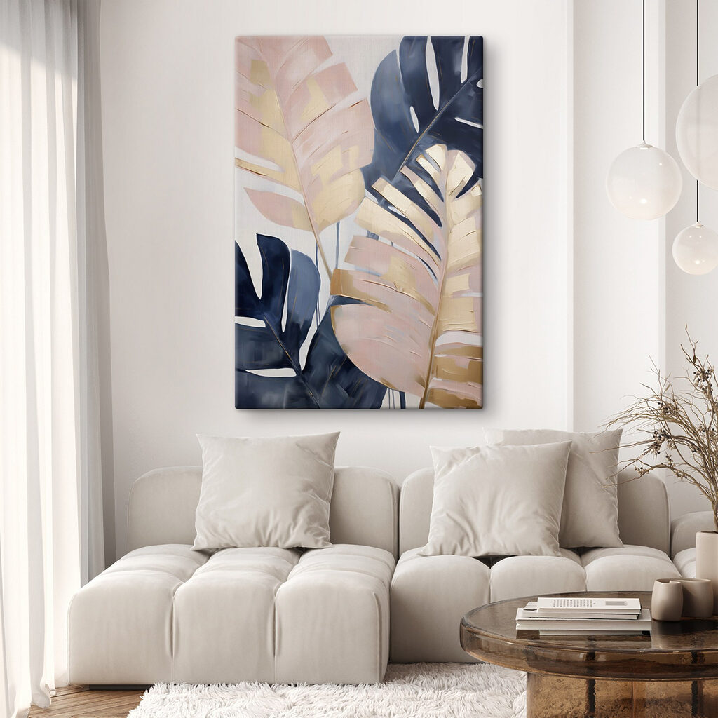 Blauwe monstera naast roze — interieur 2