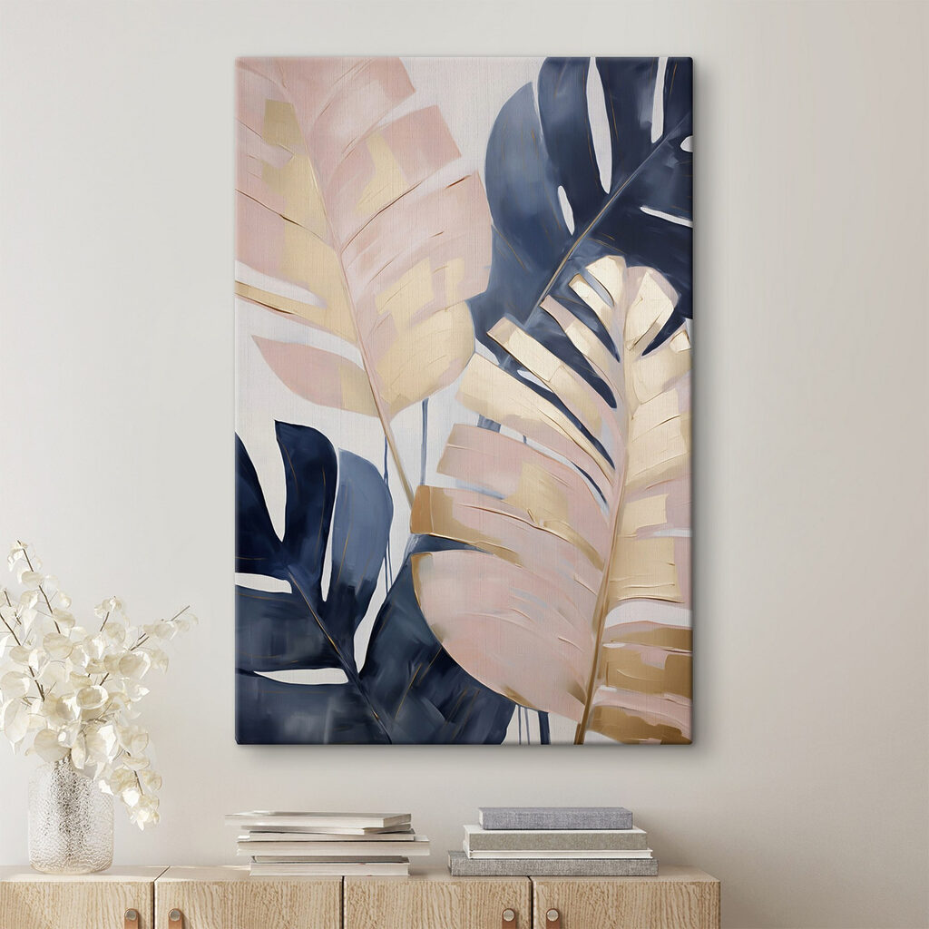 Blauwe monstera naast roze — interieur 1