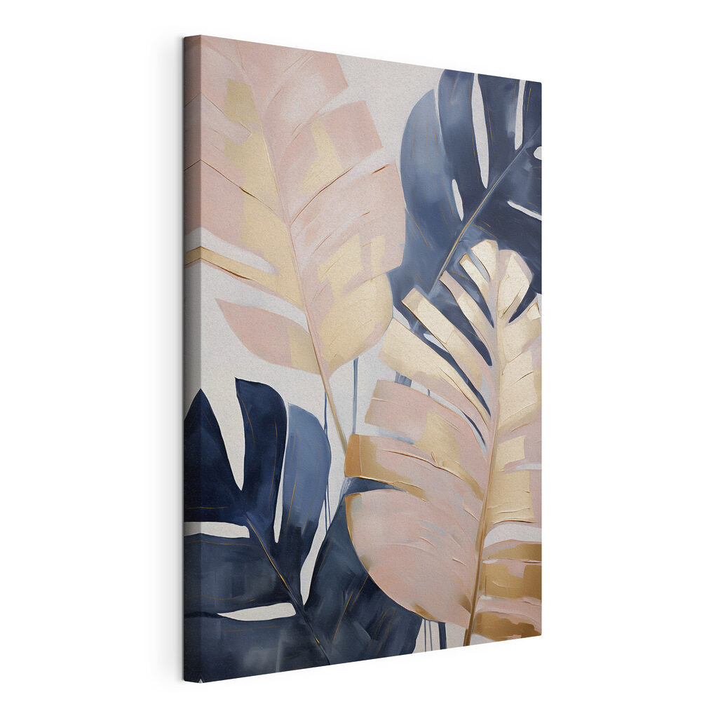 Blauwe monstera naast roze, gespannen canvas met doorlopende rand