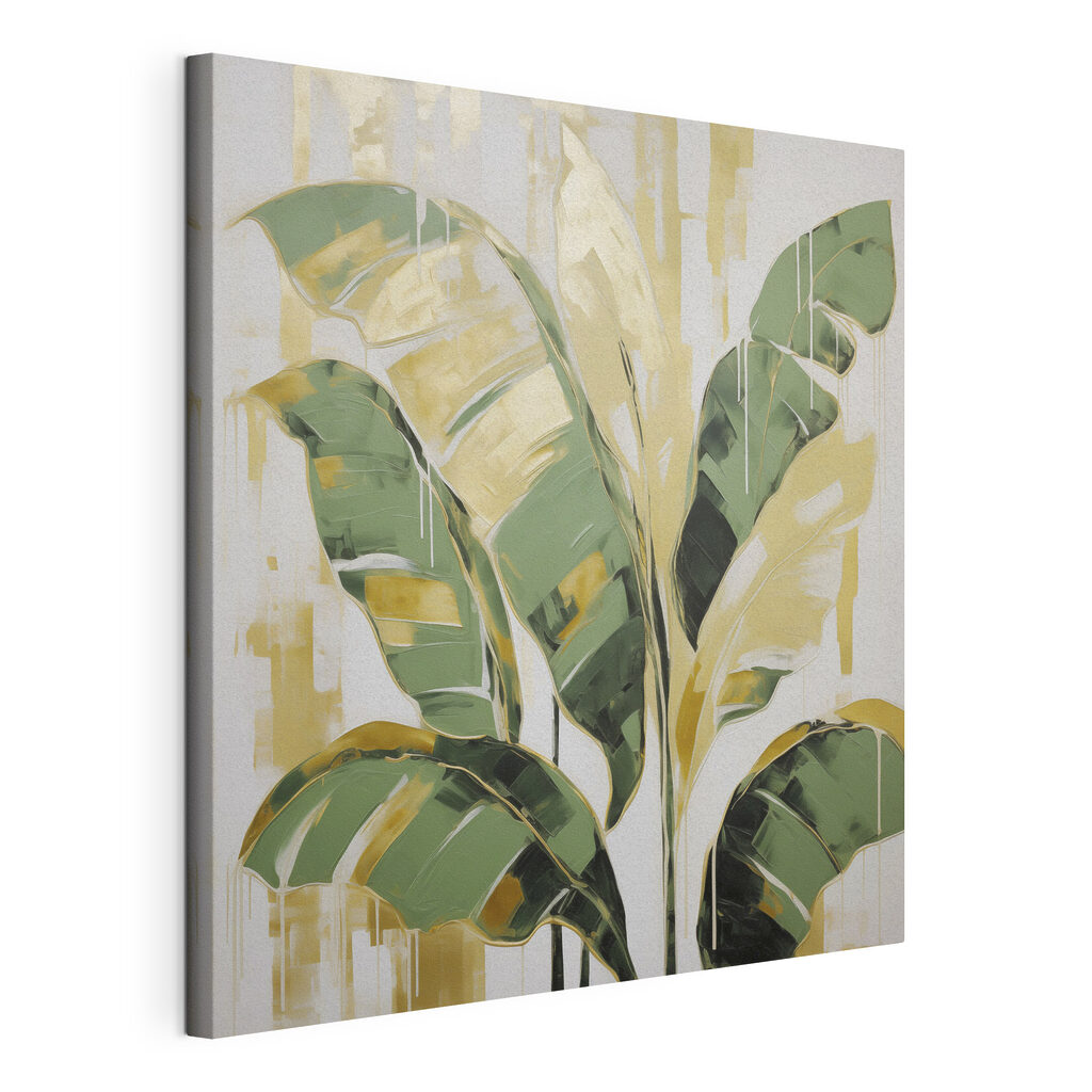 Monstera tussen brede verfstreken, gespannen canvas met doorlopende rand