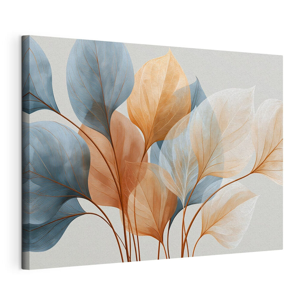Bladnerven in blauw, perzik, gespannen canvas met doorlopende rand
