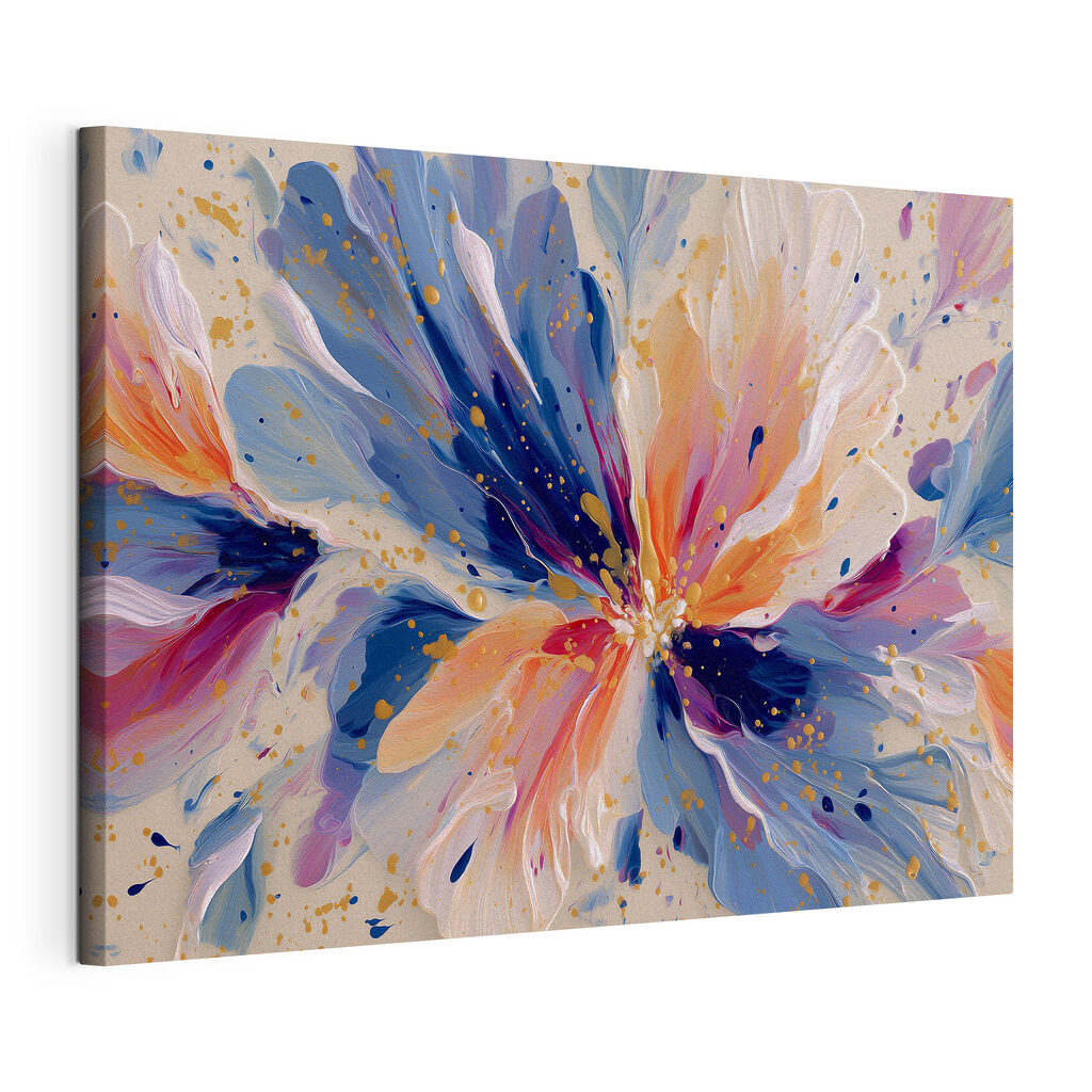 Bloemspatten in blauw, roze, gespannen canvas met doorlopende rand