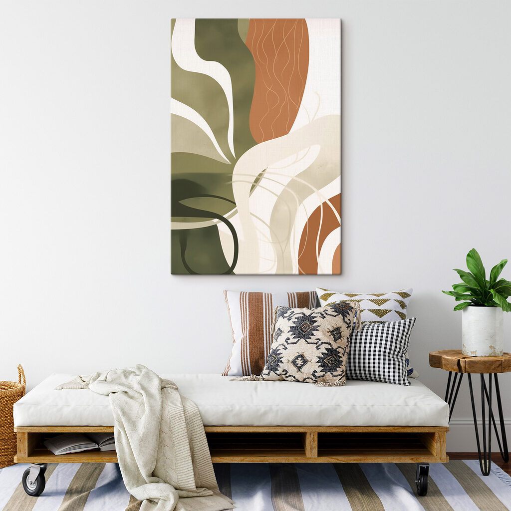 Bladcontouren tussen warme vlakken — interieur 2