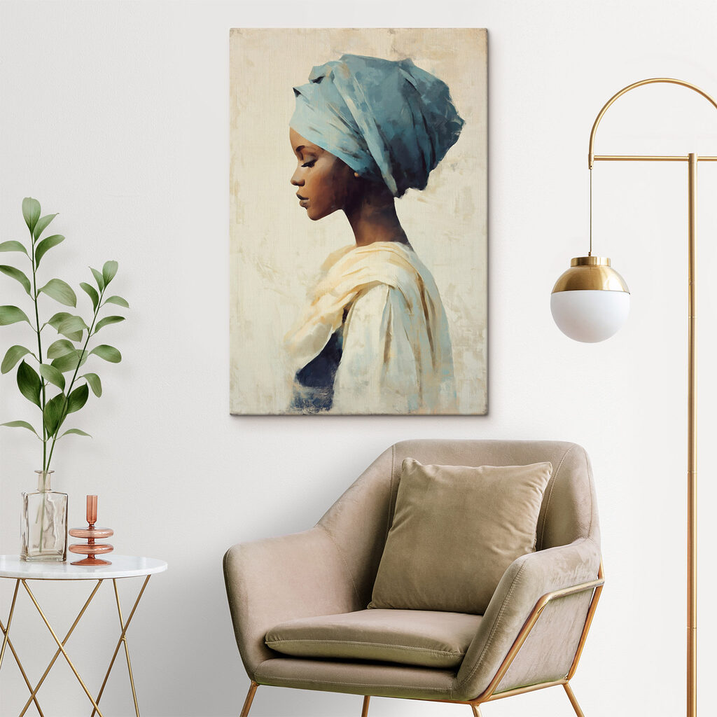 Vrouw met blauwe hoofddoek — interieur 1