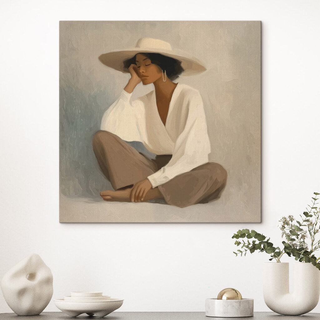 Zittende vrouw onder zonnehoed — interieur 2