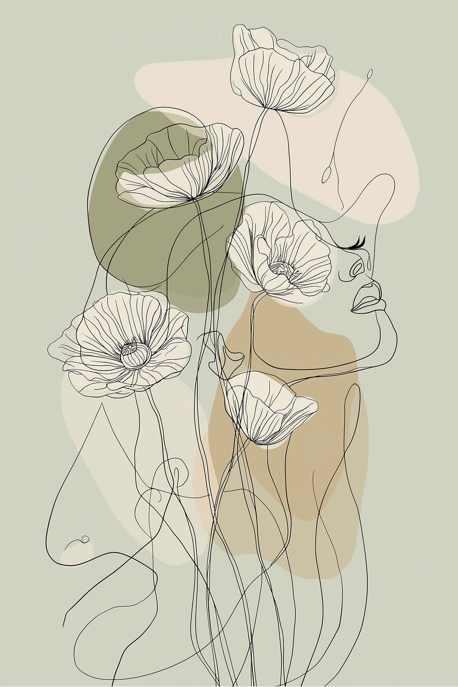 Vrouwenlijnen tussen fijne bloemcontouren — volledig ontwerp