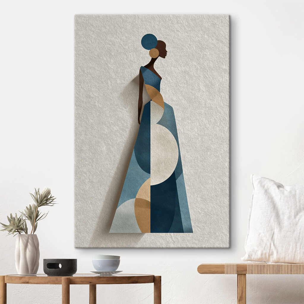 Lange jurk in blauwtinten — interieur 1
