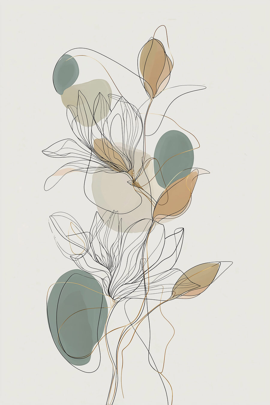 Lijnbloemen tussen zachte bladvlakken — volledig ontwerp