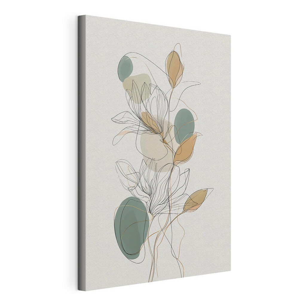 Lijnbloemen tussen zachte bladvlakken, gespannen canvas met doorlopende rand