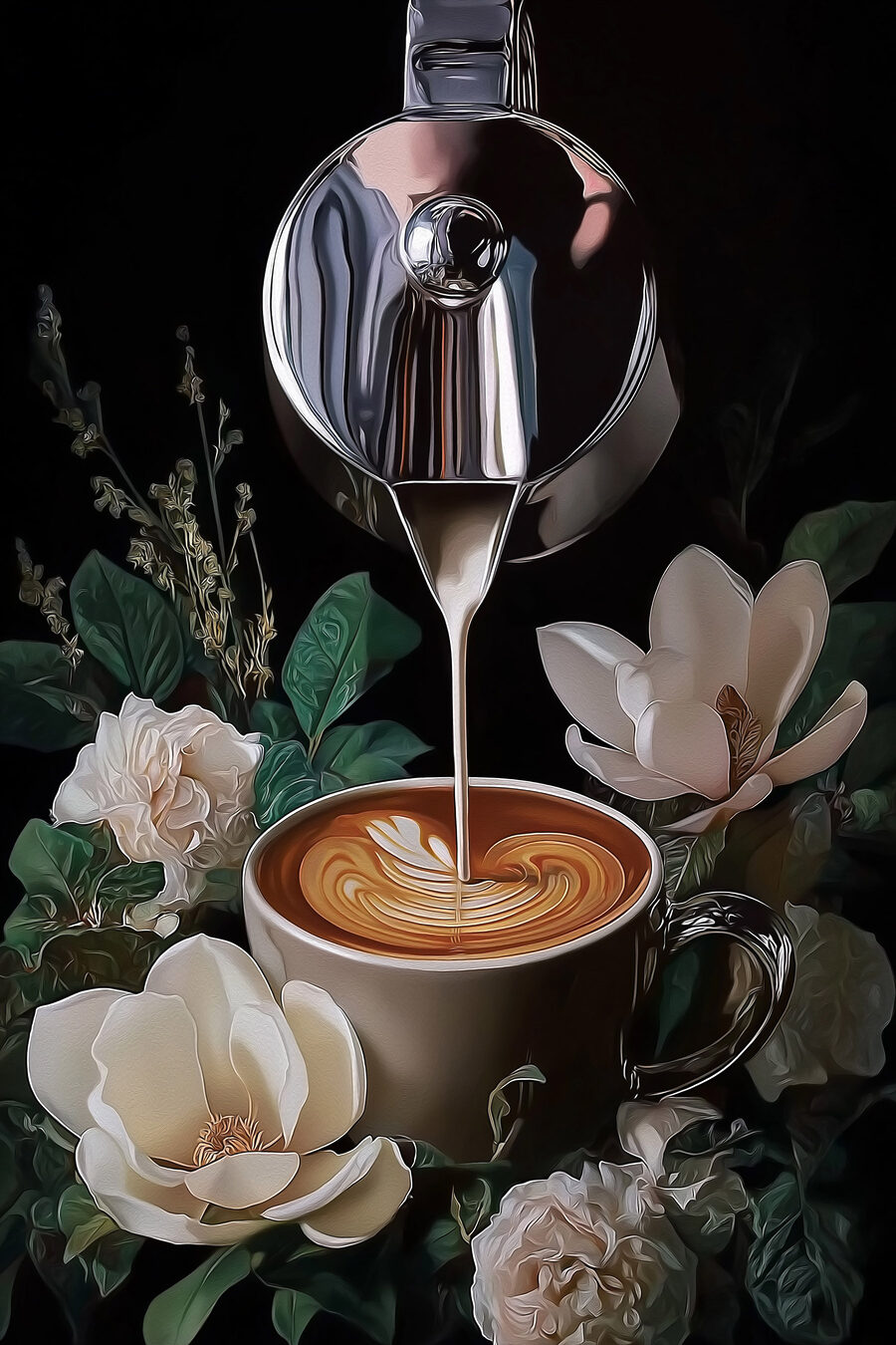 Koffie stroomt tussen bloemen — volledig ontwerp