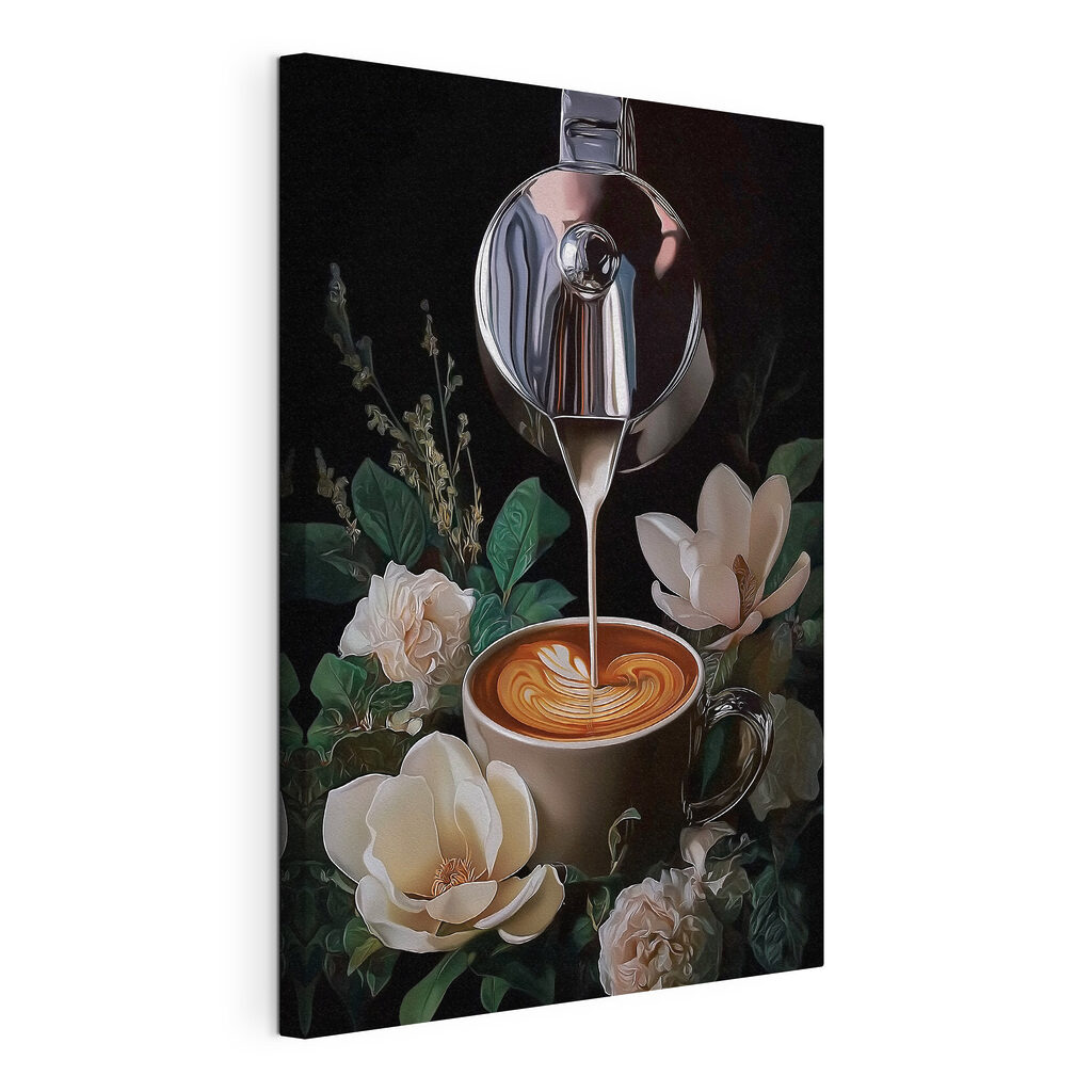 Koffie stroomt tussen bloemen, gespannen canvas met doorlopende rand