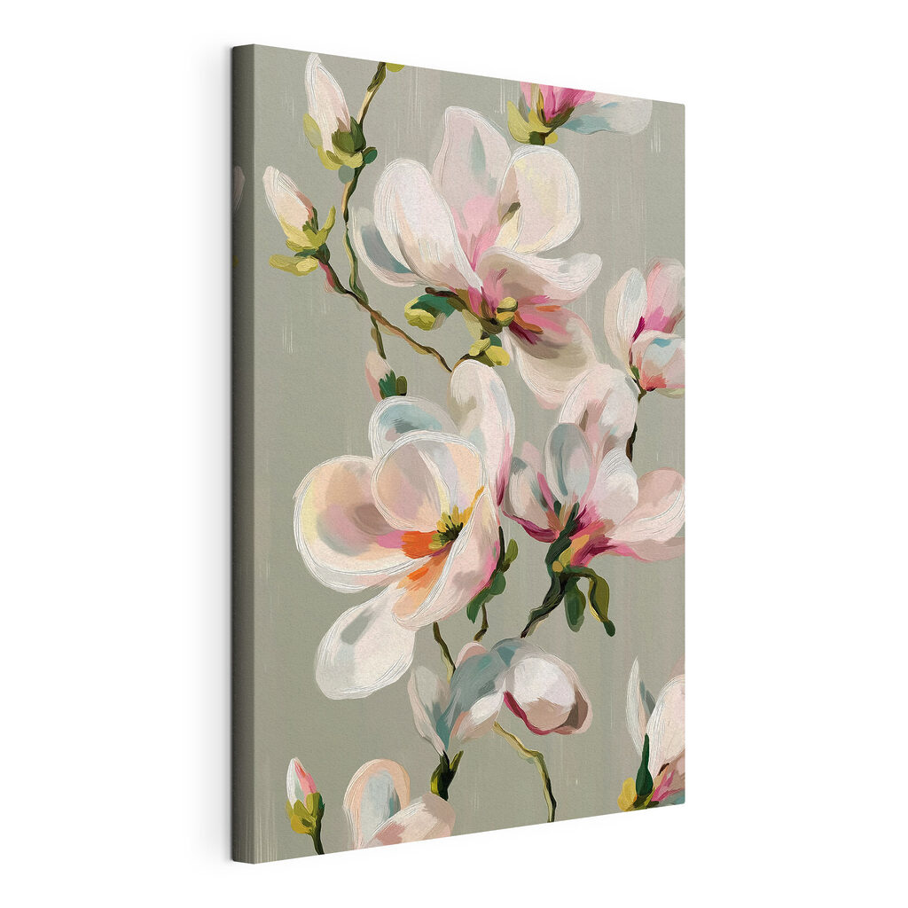 Roze magnolia in penseelvlakken, gespannen canvas met doorlopende rand