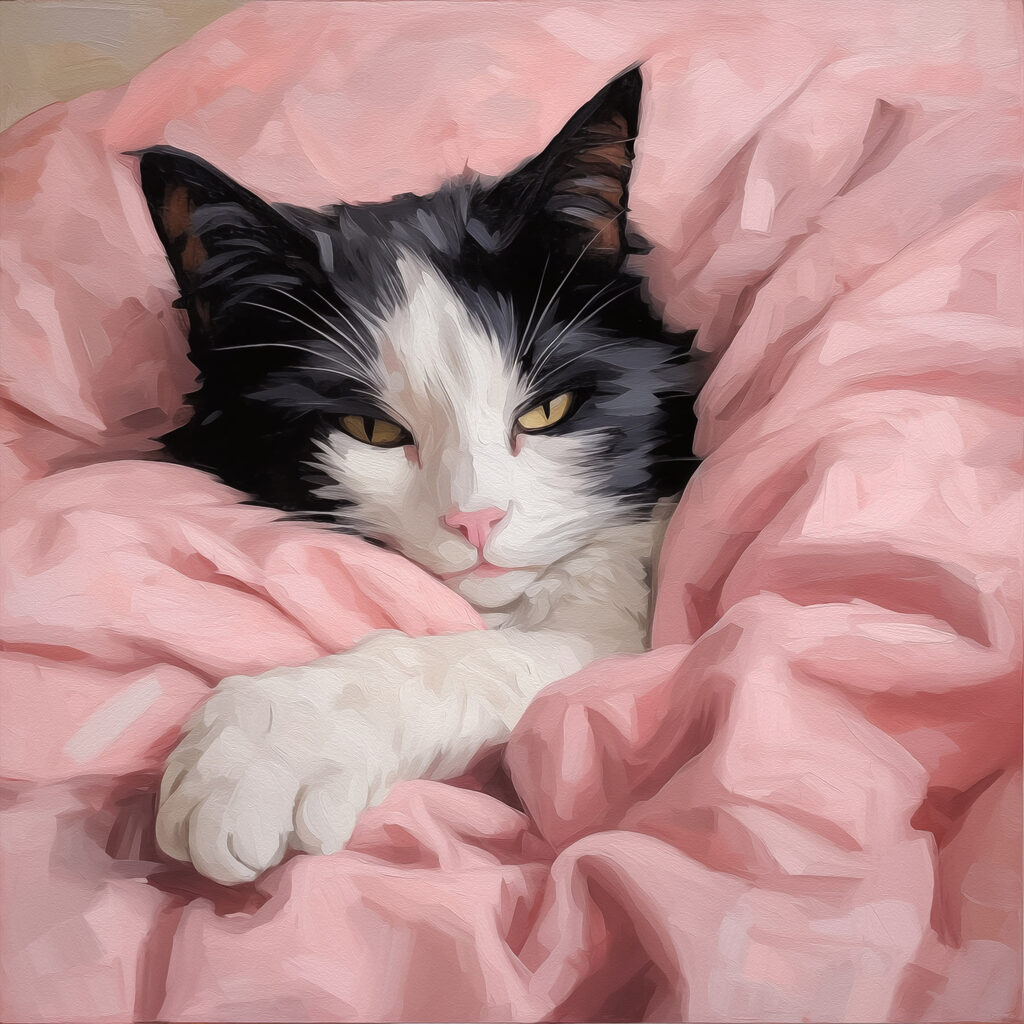 Zwartwitte kat onder roze — volledig ontwerp