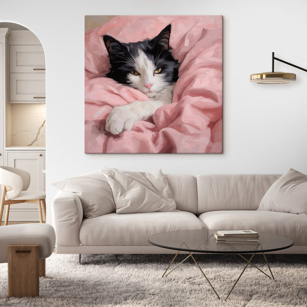 Zwartwitte kat onder roze — interieur 1
