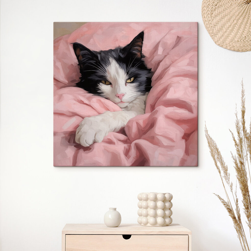 Zwartwitte kat onder roze — interieur 2
