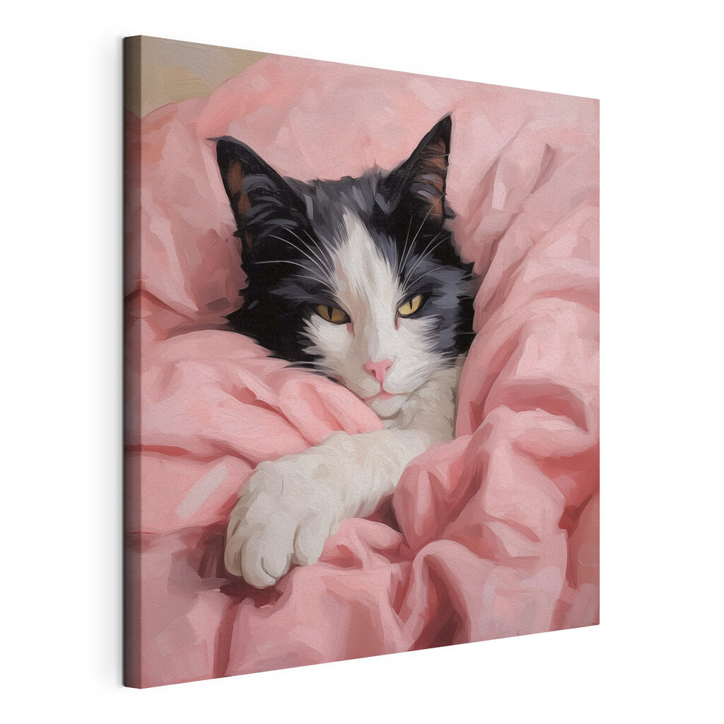 Zwartwitte kat onder roze — productweergave