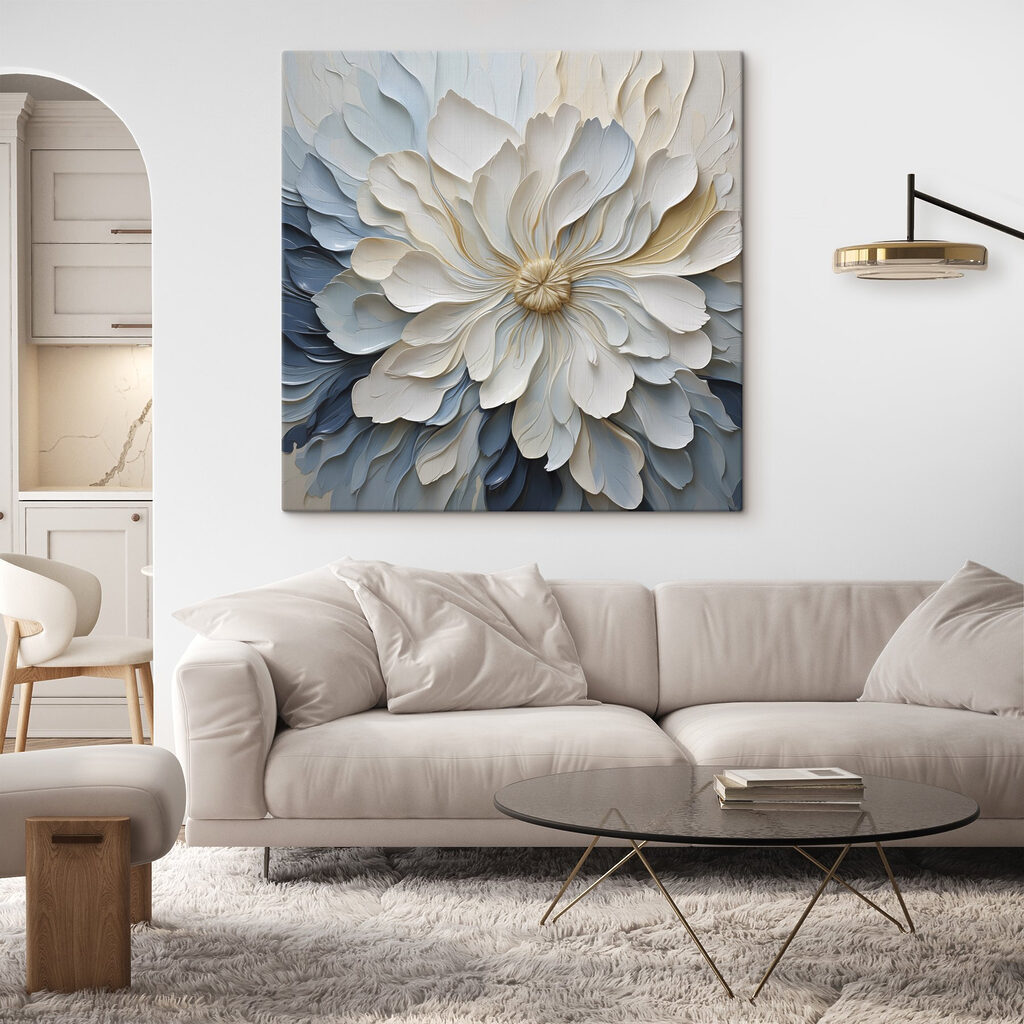 Witte bloem boven blauwtinten — interieur 1