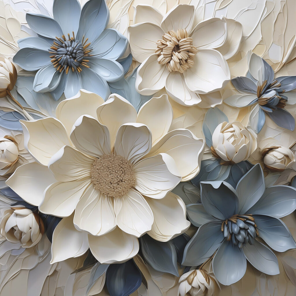 Blauwe bloemen tussen witte — volledig ontwerp