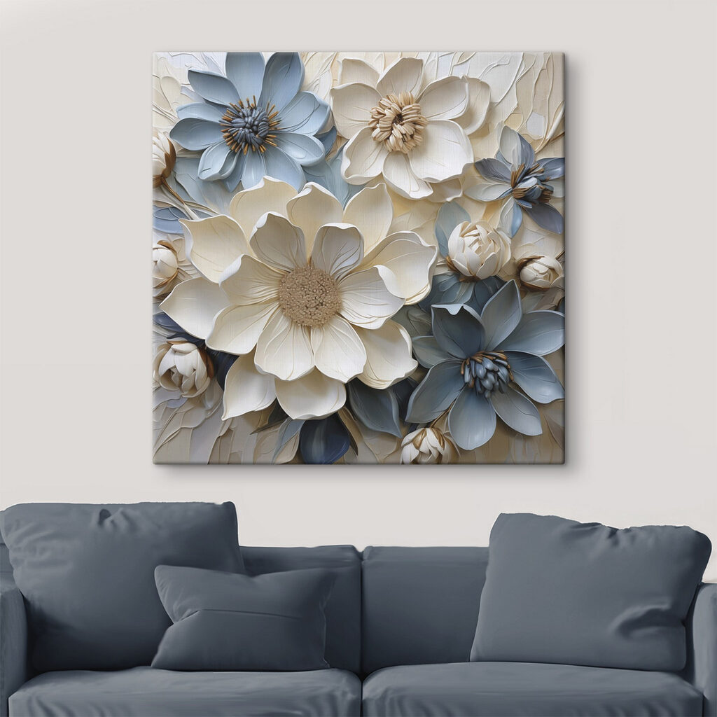 Blauwe bloemen tussen witte — interieur 1