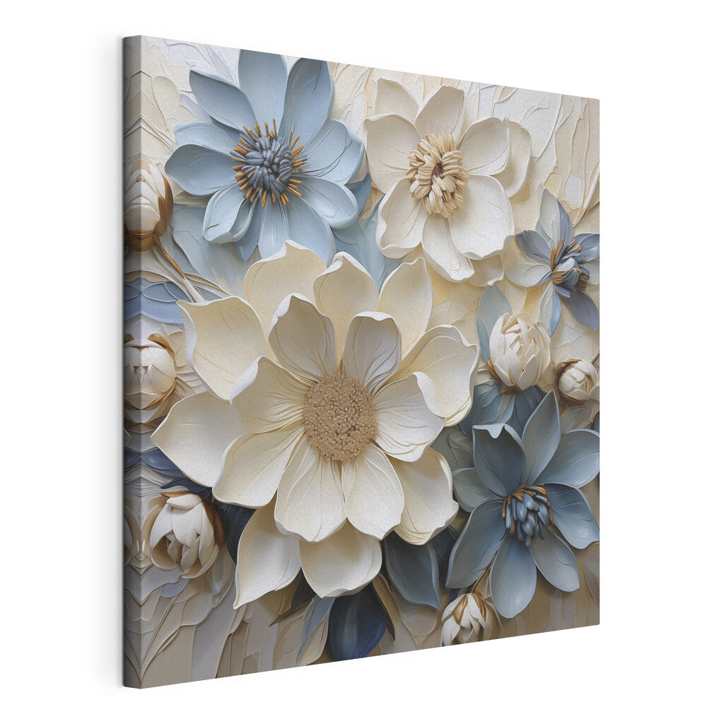 Blauwe bloemen tussen witte, gespannen canvas met doorlopende rand