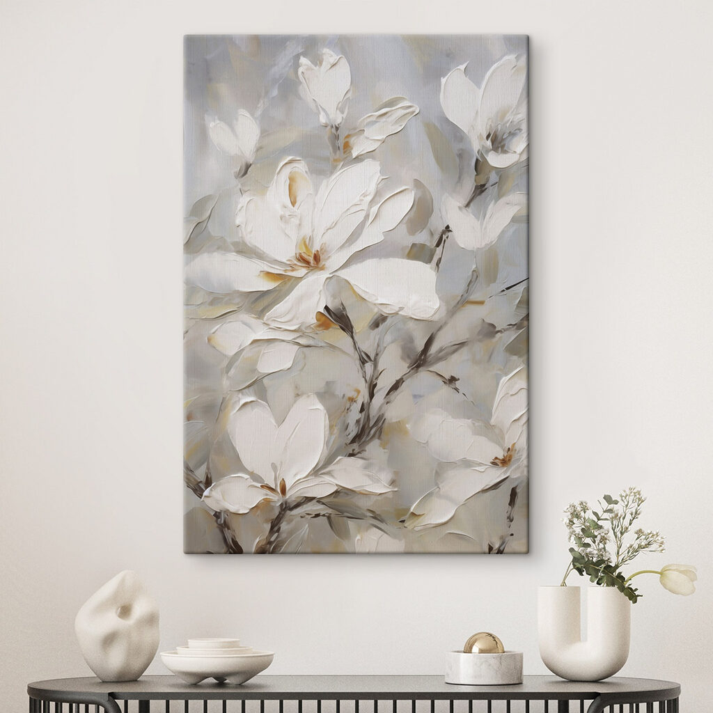 Witte bloesem met verfranden — interieur 1