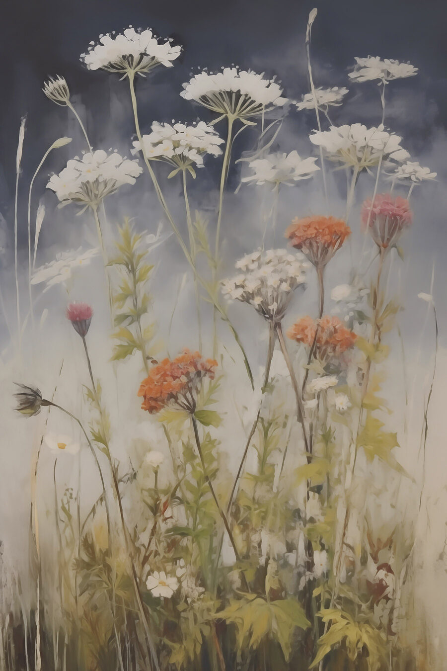 Witte bloemschermen boven grashalmen — volledig ontwerp