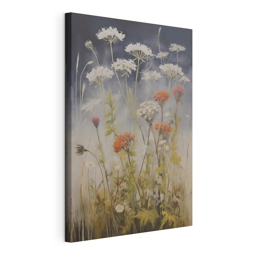 Witte bloemschermen boven grashalmen, gespannen canvas met doorlopende rand