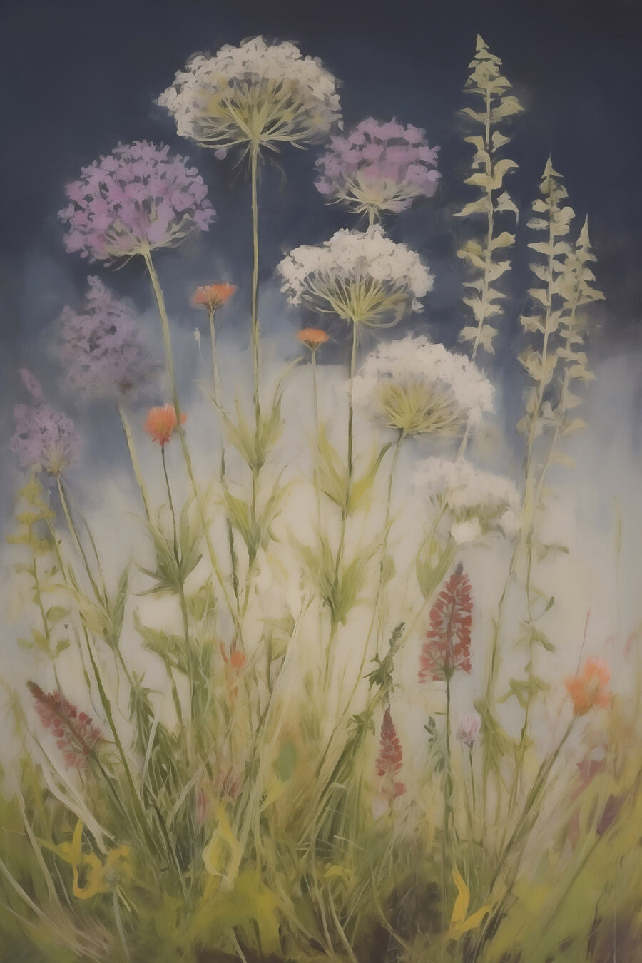 Lila pluizen tussen veldbloemen — volledig ontwerp